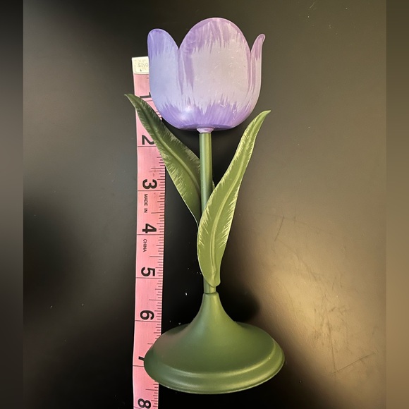 Set of 2 Metal Tulip Candle Holders Pink Purple Flowers Green Stem & Leaves - Picture 5 of 6
